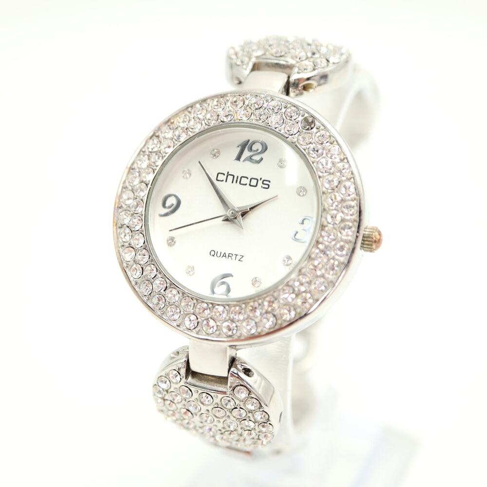 Chico's Silver Tone Gem Set 35mm Womens Round Watch Metal Bracelet w New Battery